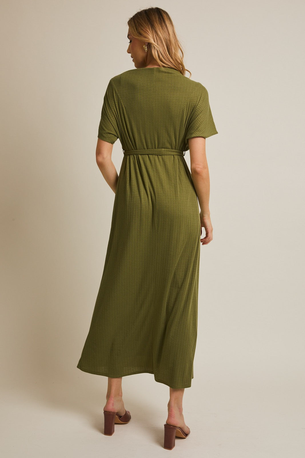 Olive Plaid Draped Neckline Sash Tie Maxi Dress