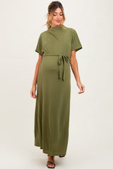 Olive Plaid Draped Neckline Sash Tie Maternity Maxi Dress
