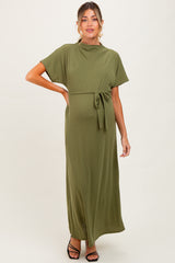 Olive Plaid Draped Neckline Sash Tie Maternity Maxi Dress