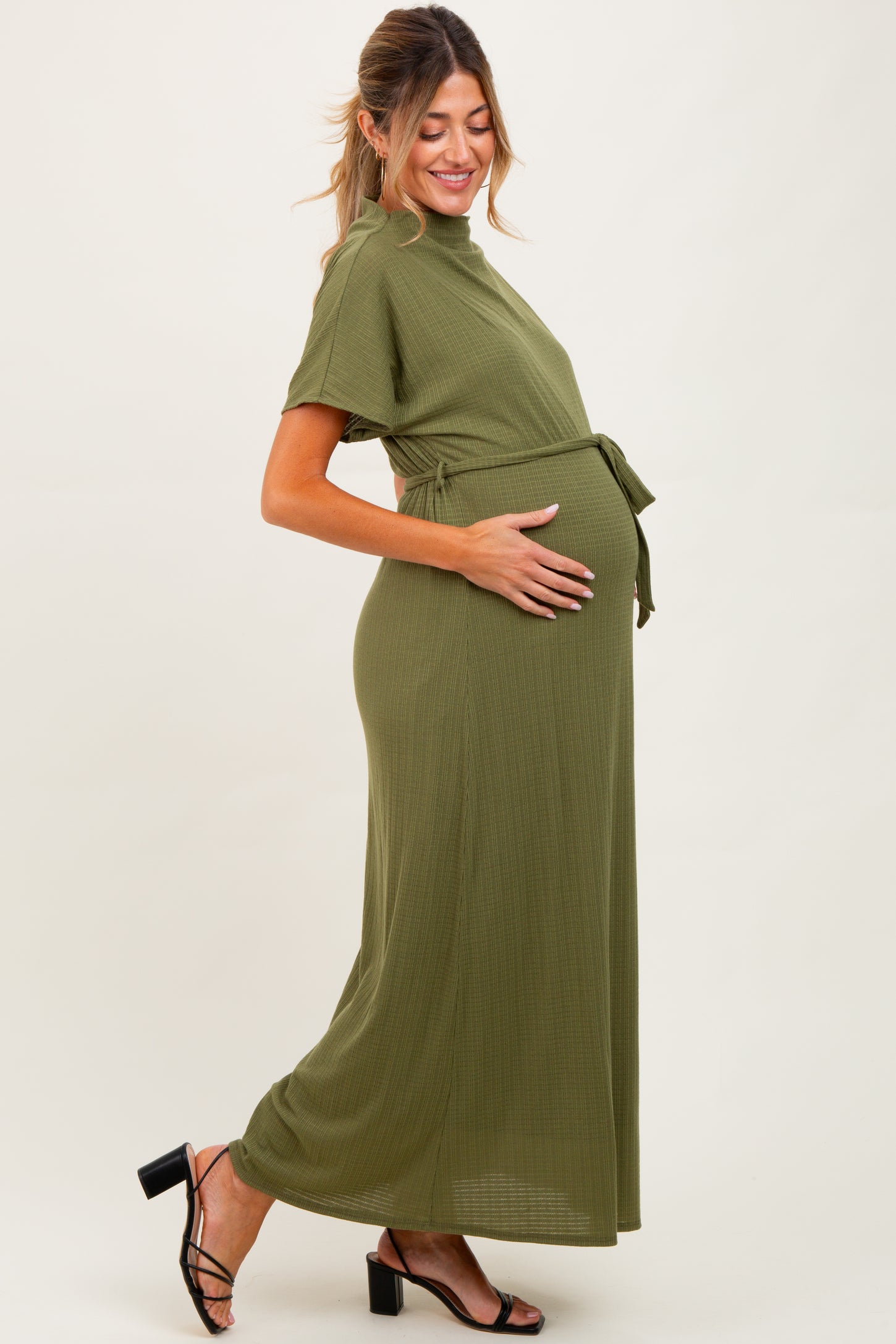 Olive Plaid Draped Neckline Sash Tie Maternity Maxi Dress