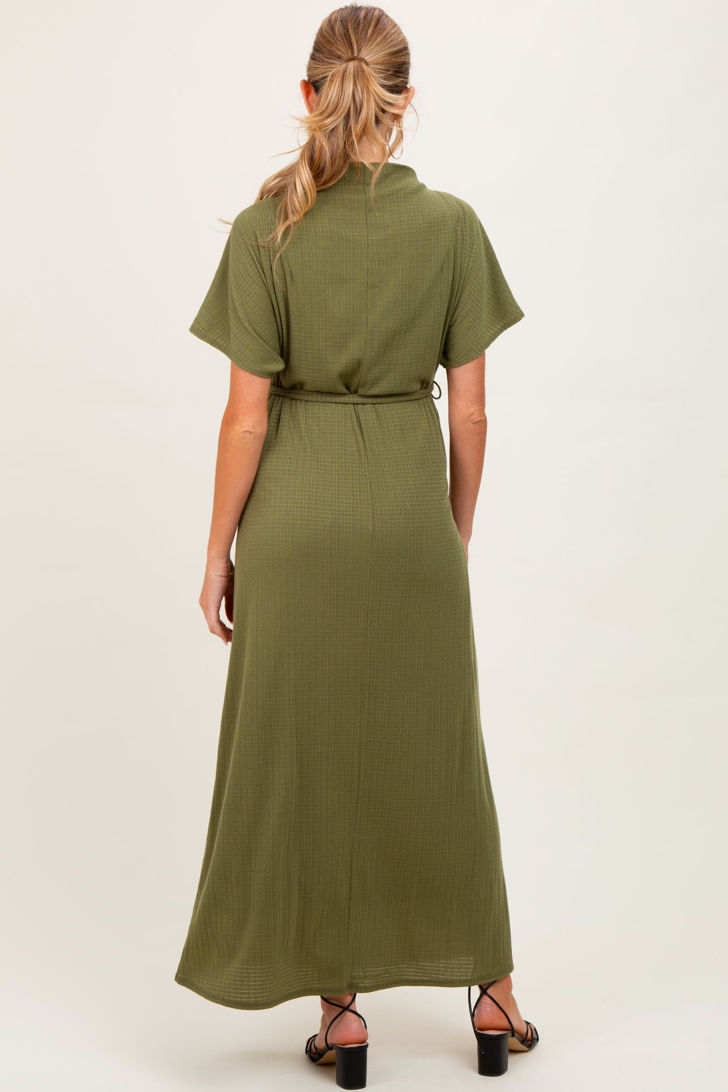 Olive Plaid Draped Neckline Sash Tie Maternity Maxi Dress
