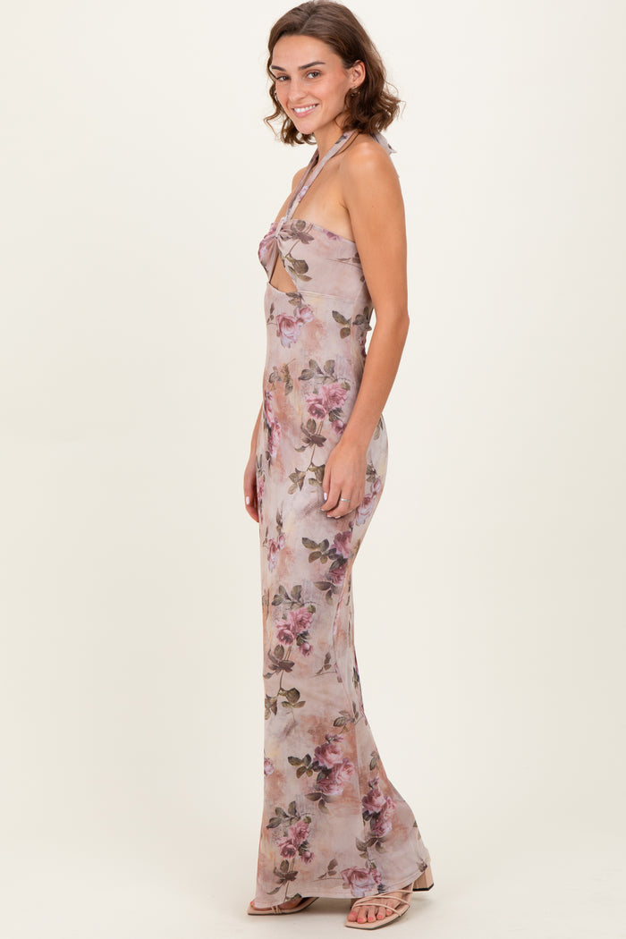Mauve Floral Halter Cutout Maxi Dress