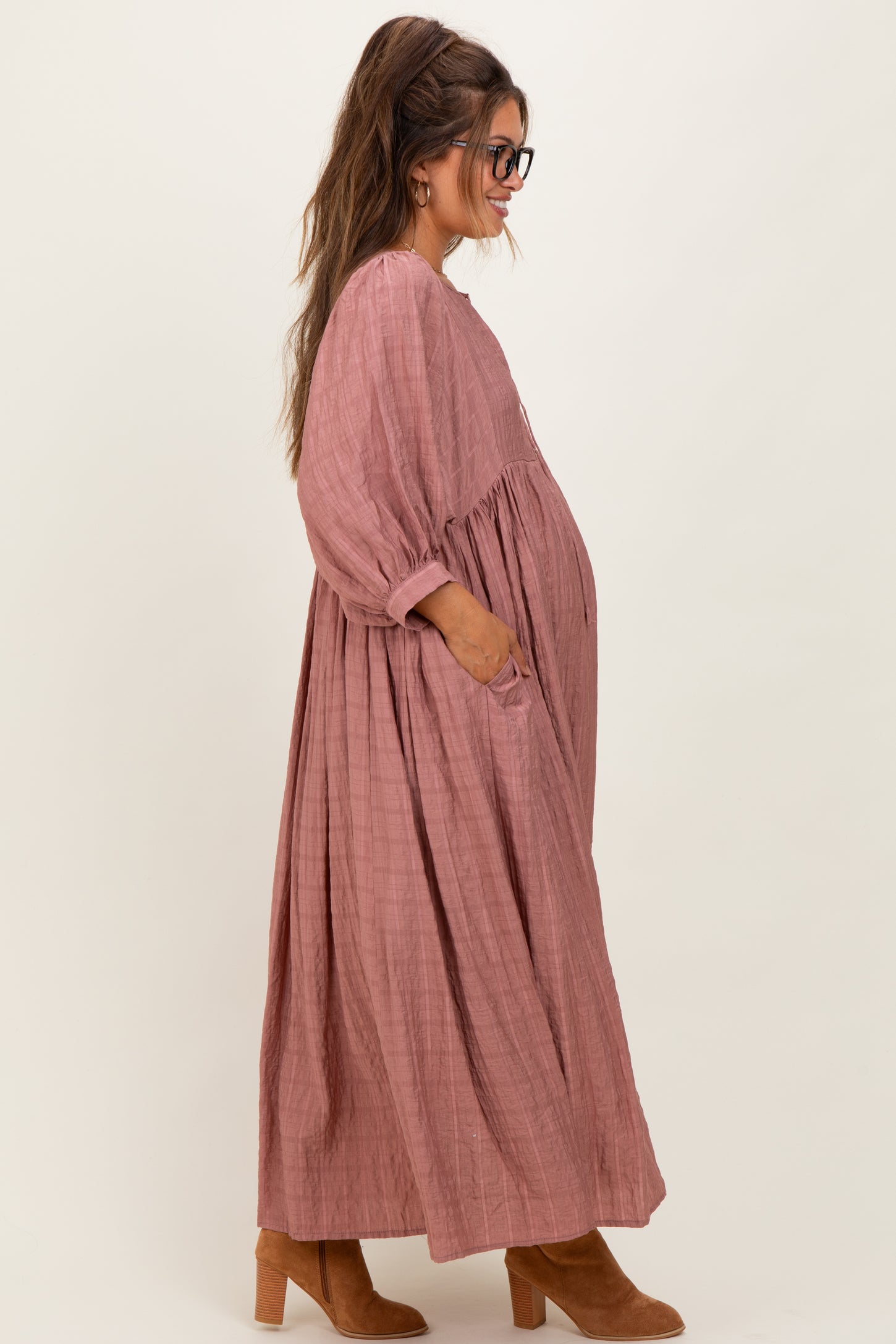Mauve Plaid Front Tie Cutout Maternity Midi Dress