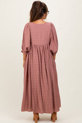 Mauve Plaid Front Tie Cutout Maternity Midi Dress