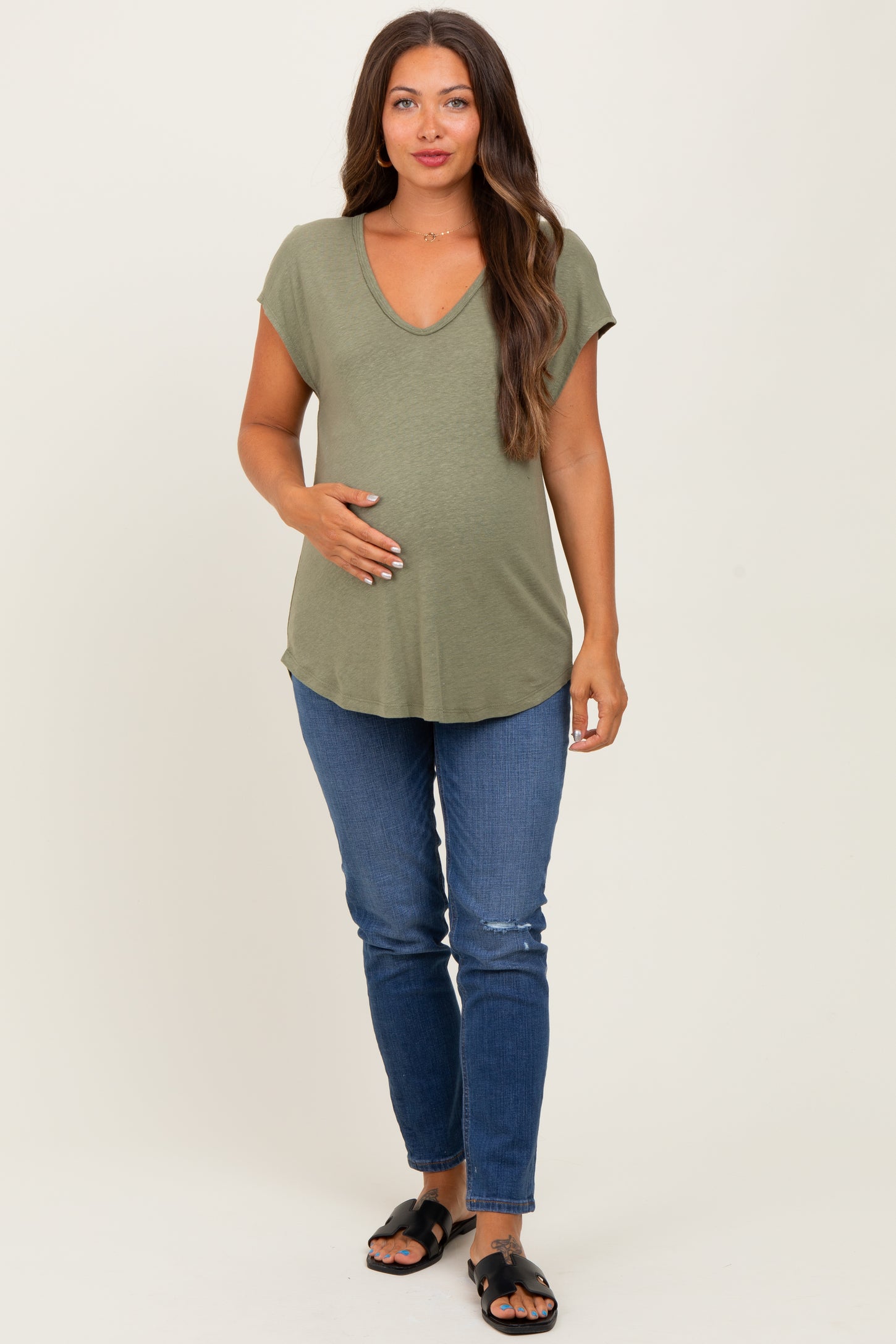 Green V-Neck Maternity Top