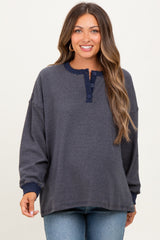 Navy Striped Oversized Button Up Maternity Pullover Top