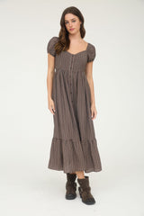Brown Plaid Puff Sleeve Button Down Maxi Dress