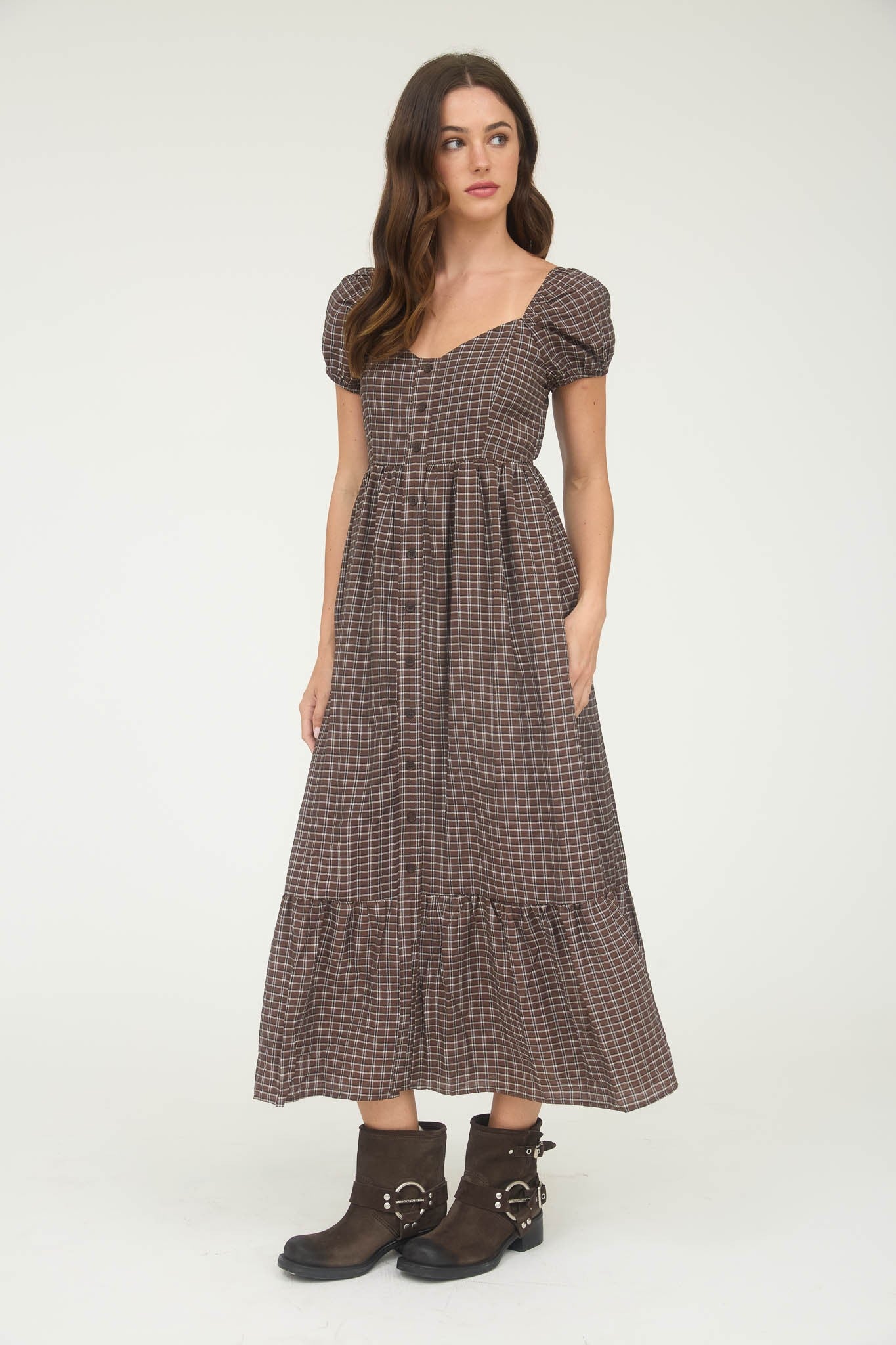 Brown Plaid Puff Sleeve Button Down Maxi Dress