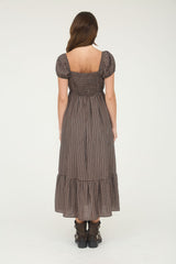 Brown Plaid Puff Sleeve Button Down Maxi Dress