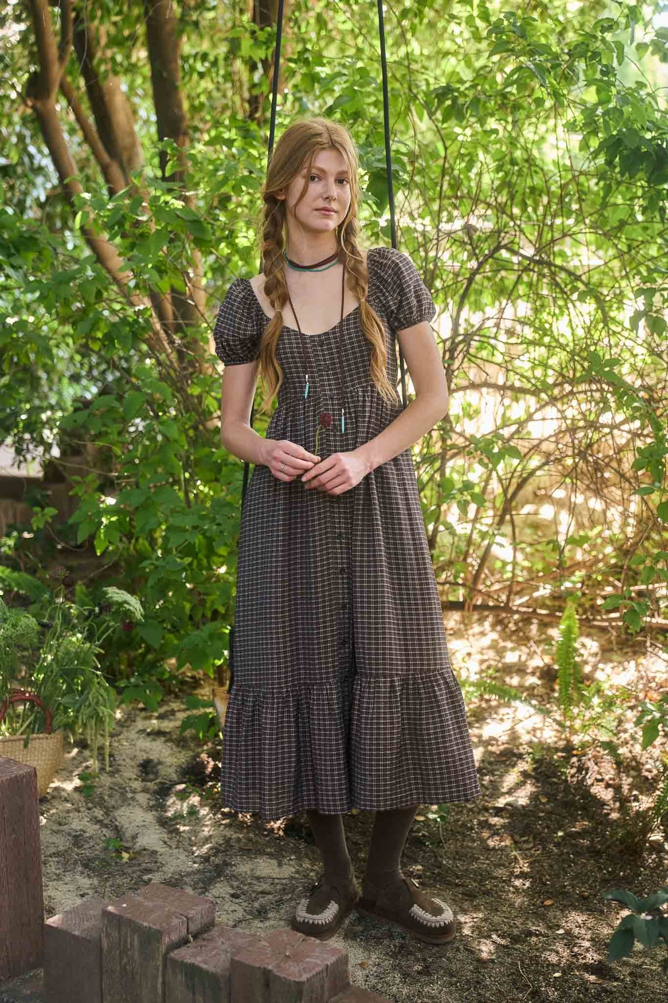 Brown Plaid Puff Sleeve Button Down Maxi Dress