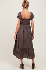 Brown Plaid Puff Sleeve Button Down Maternity Maxi Dress