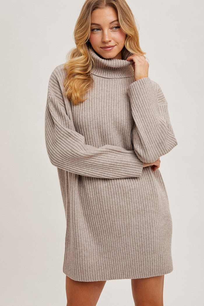 Taupe Turtleneck Chunky Knit Sweater Dress