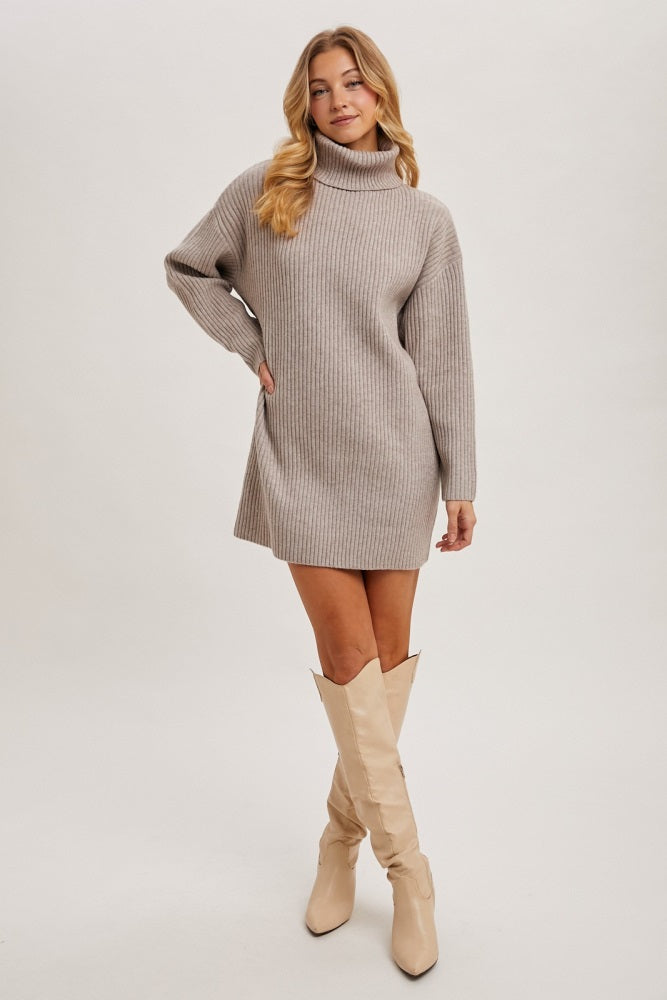 Taupe Turtleneck Chunky Knit Sweater Dress