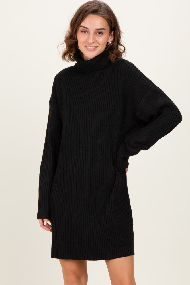 Black Turtleneck Chunky Knit Sweater Dress