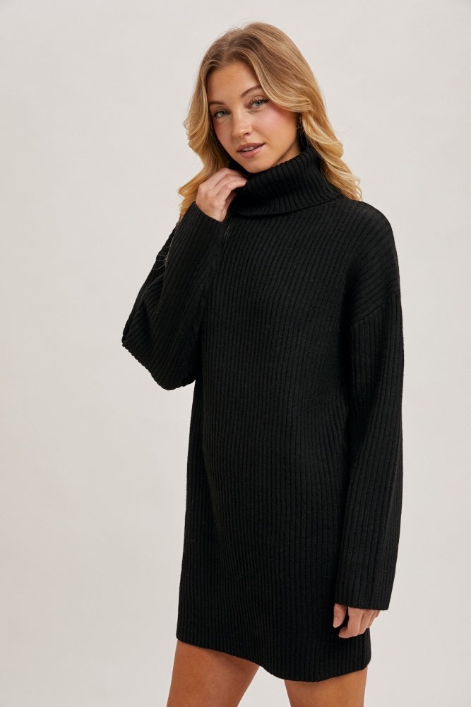 Black Turtleneck Chunky Knit Sweater Dress