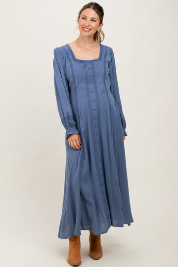 Blue Lace Detail Button Down Maternity Maxi Dress
