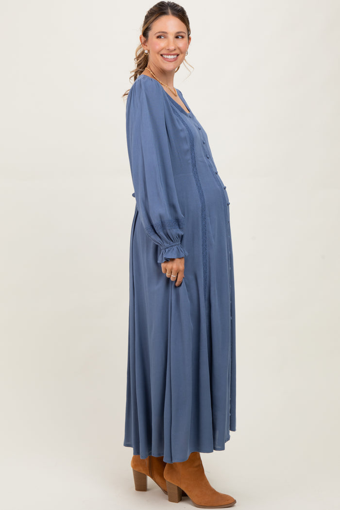 Blue Lace Detail Button Down Maternity Maxi Dress
