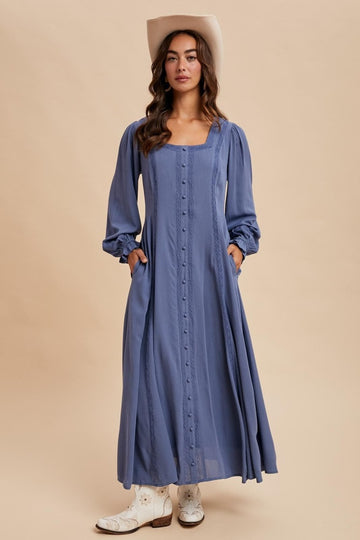 Blue Lace Detail Button Down Maxi Dress