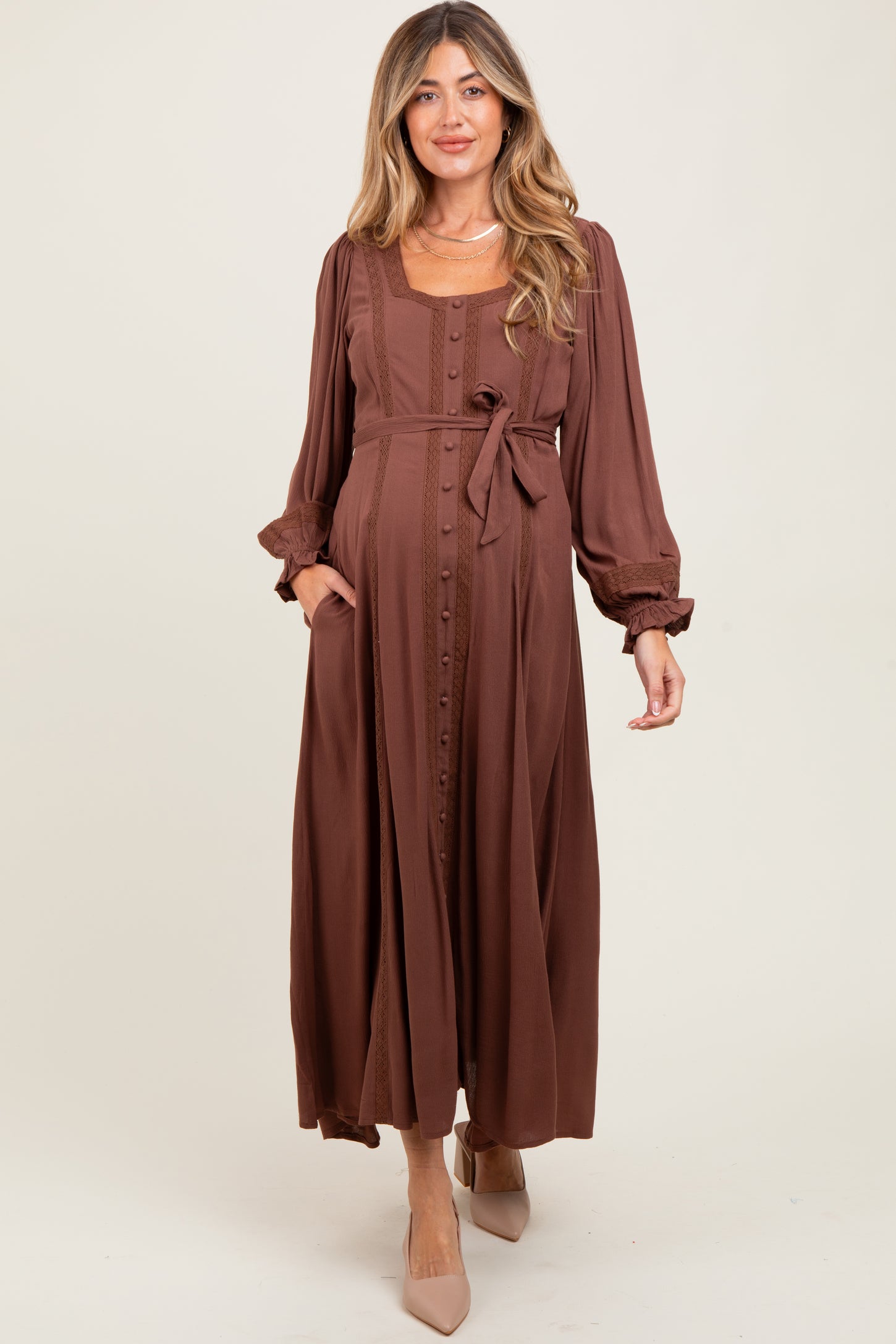 Brown Lace Detail Button Down Maternity Maxi Dress