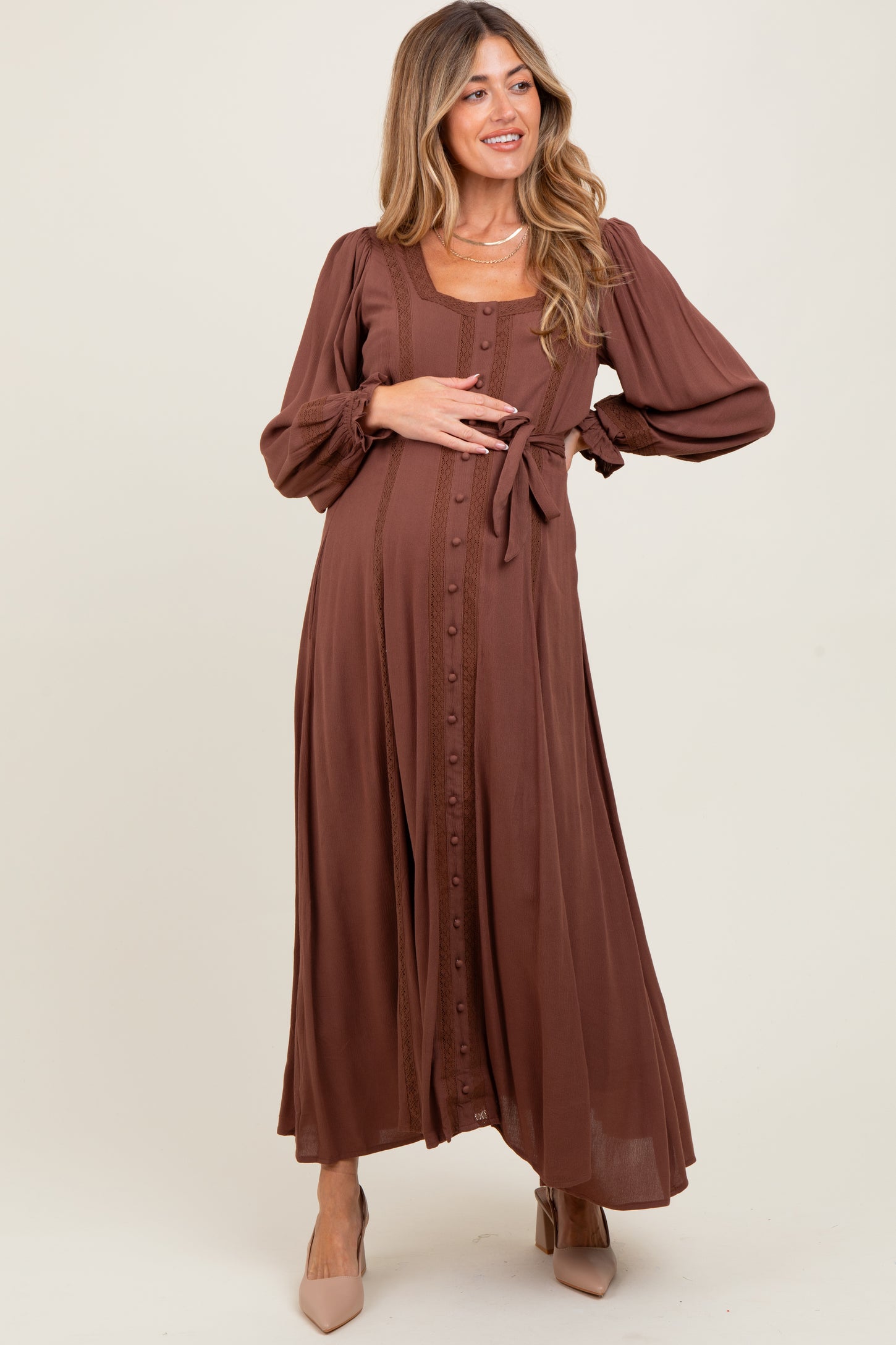 Brown Lace Detail Button Down Maternity Maxi Dress