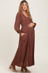 Brown Lace Detail Button Down Maternity Maxi Dress
