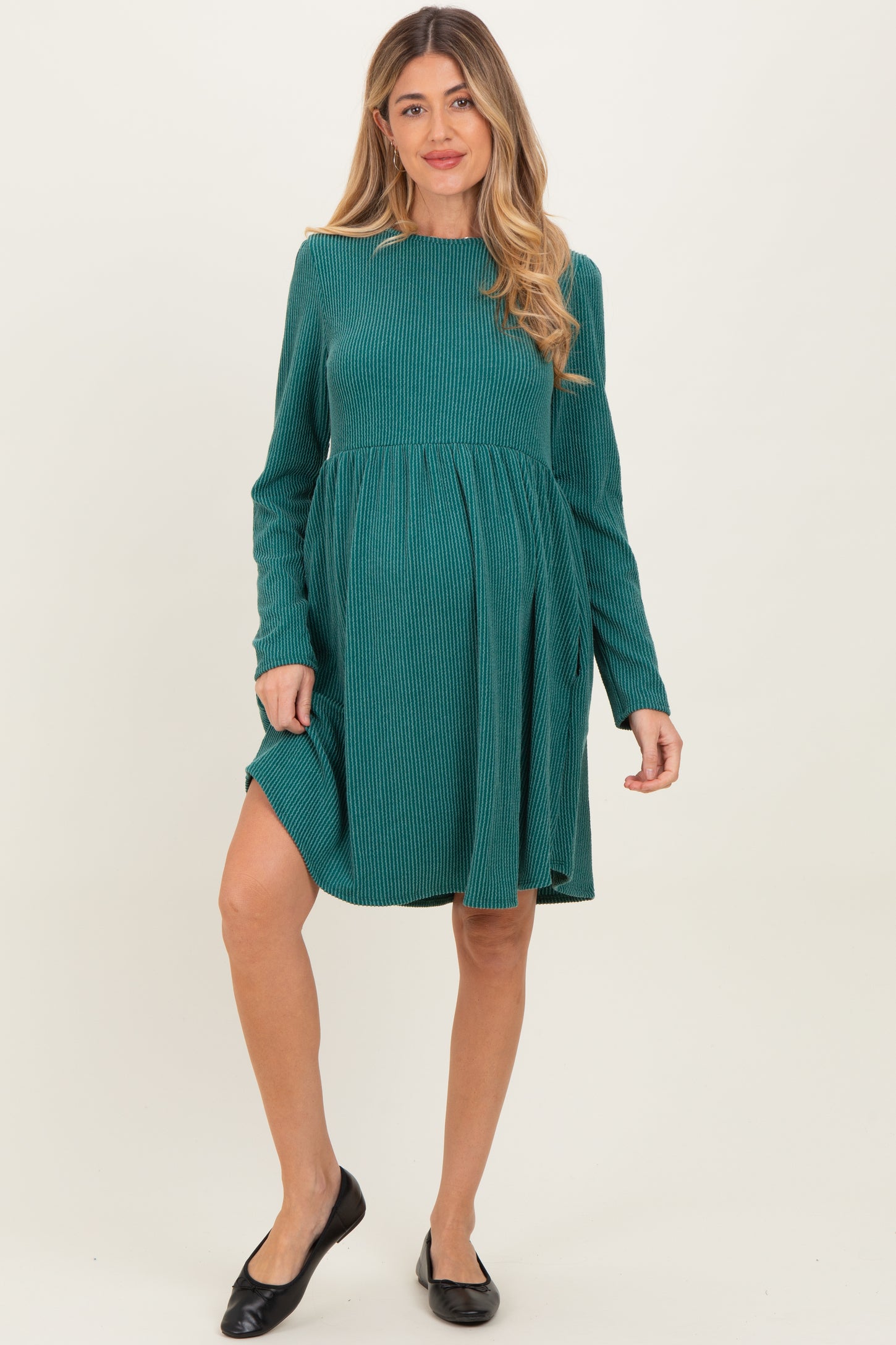 Forest Green Textured Rib Long Sleeve Maternity Dress