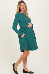 Forest Green Textured Rib Long Sleeve Maternity Dress