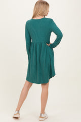 Forest Green Textured Rib Long Sleeve Dress