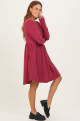 Dark Red Textured Rib Long Sleeve Dress