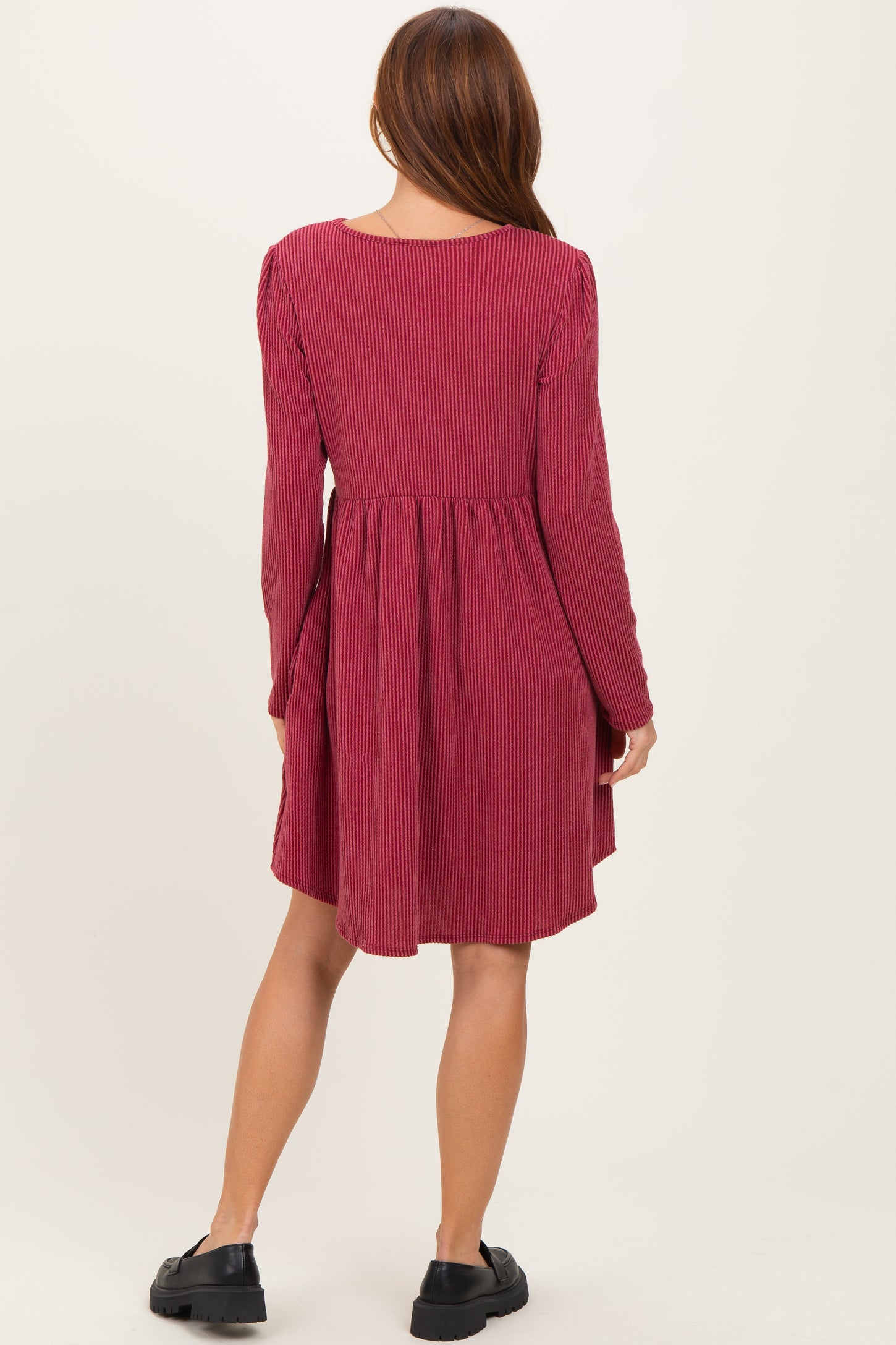 Dark Red Textured Rib Long Sleeve Dress