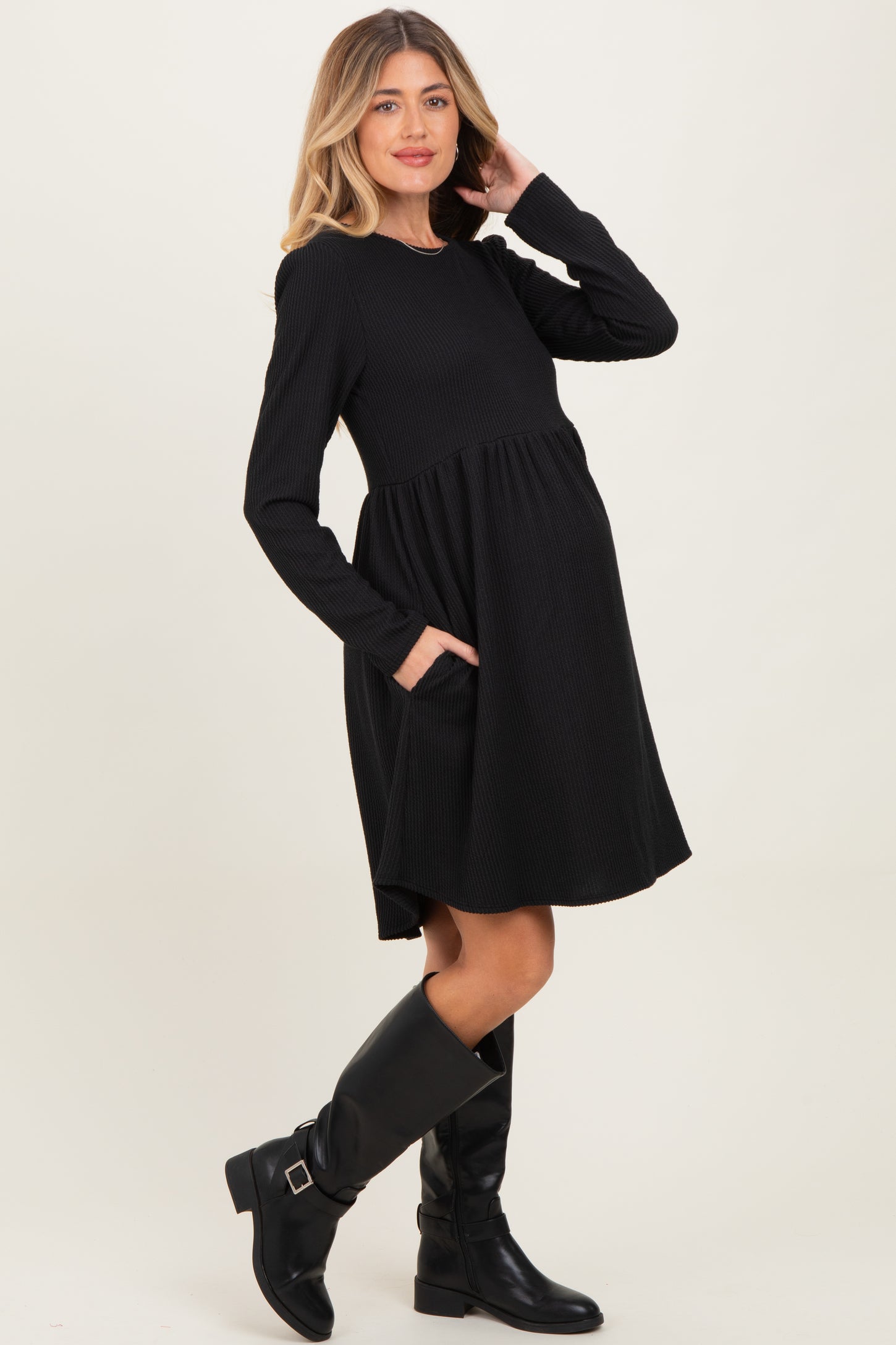 Black Textured Rib Long Sleeve Maternity Dress