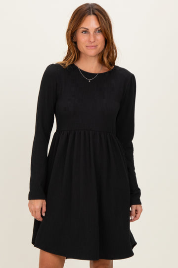 Black Textured Rib Long Sleeve Dress