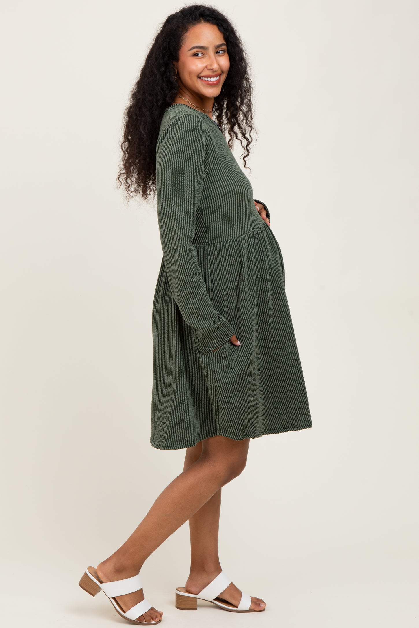 Olive Textured Rib Long Sleeve Maternity Dress