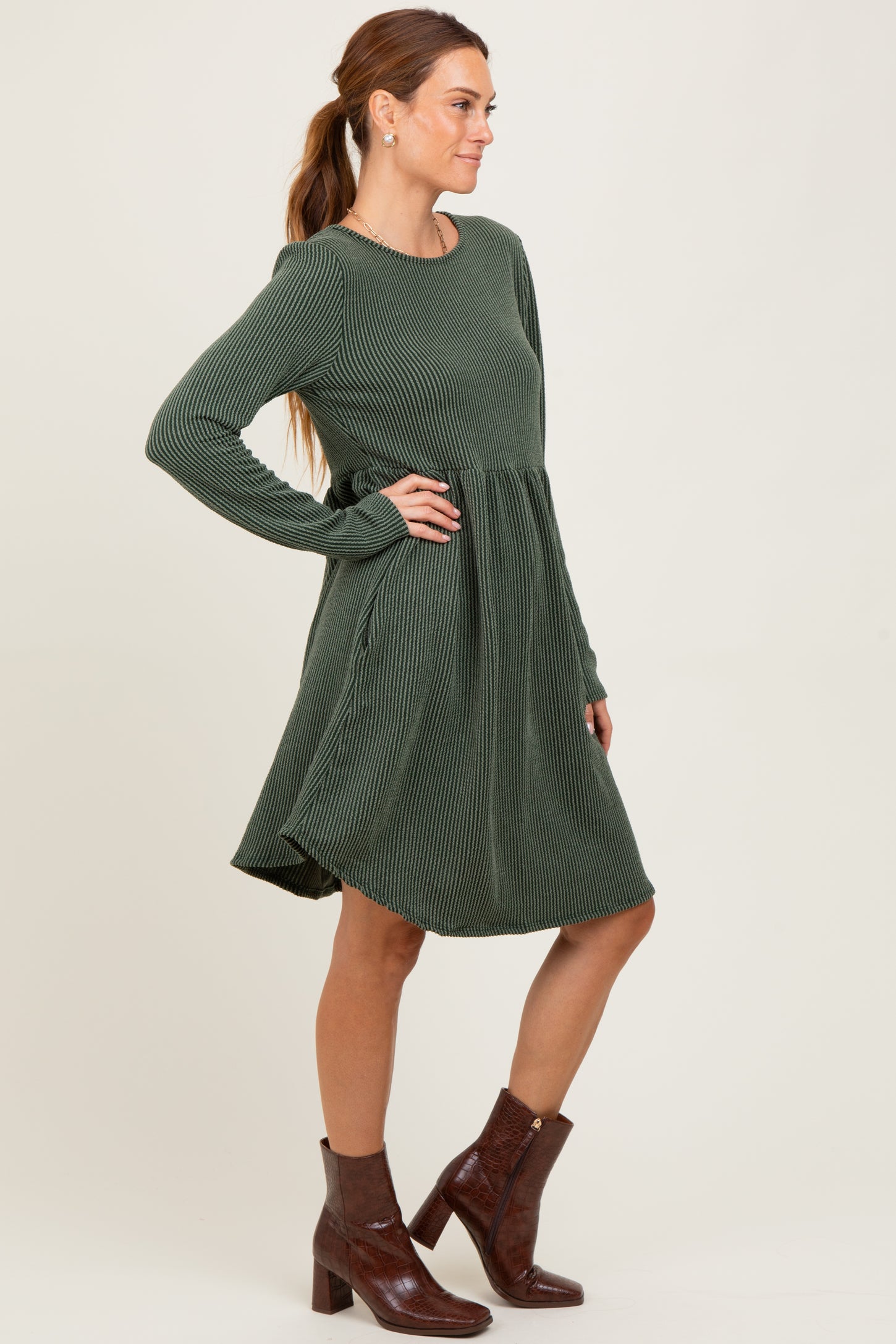 Olive Textured Rib Long Sleeve Dress