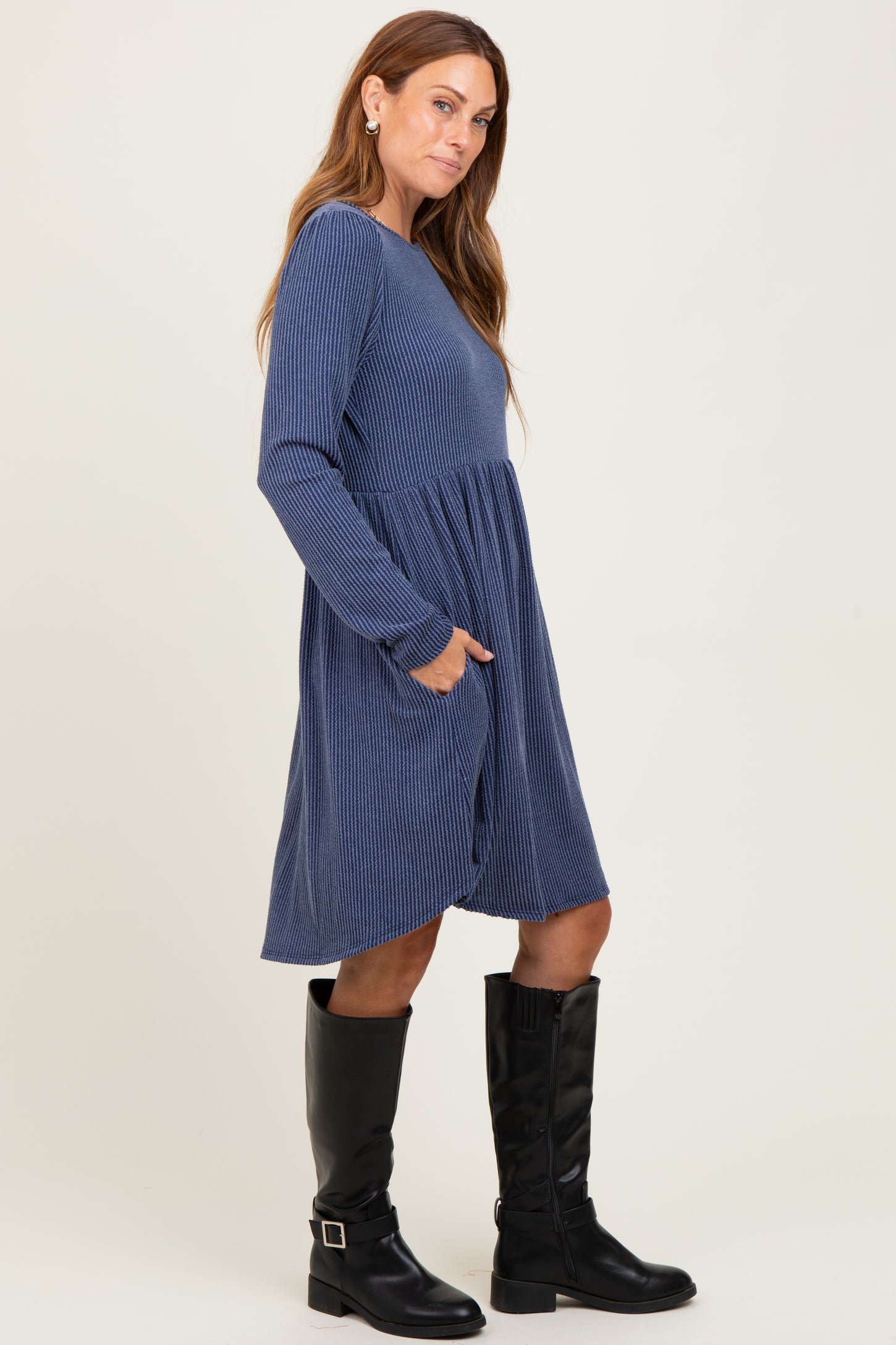 Navy Textured Rib Long Sleeve Dress