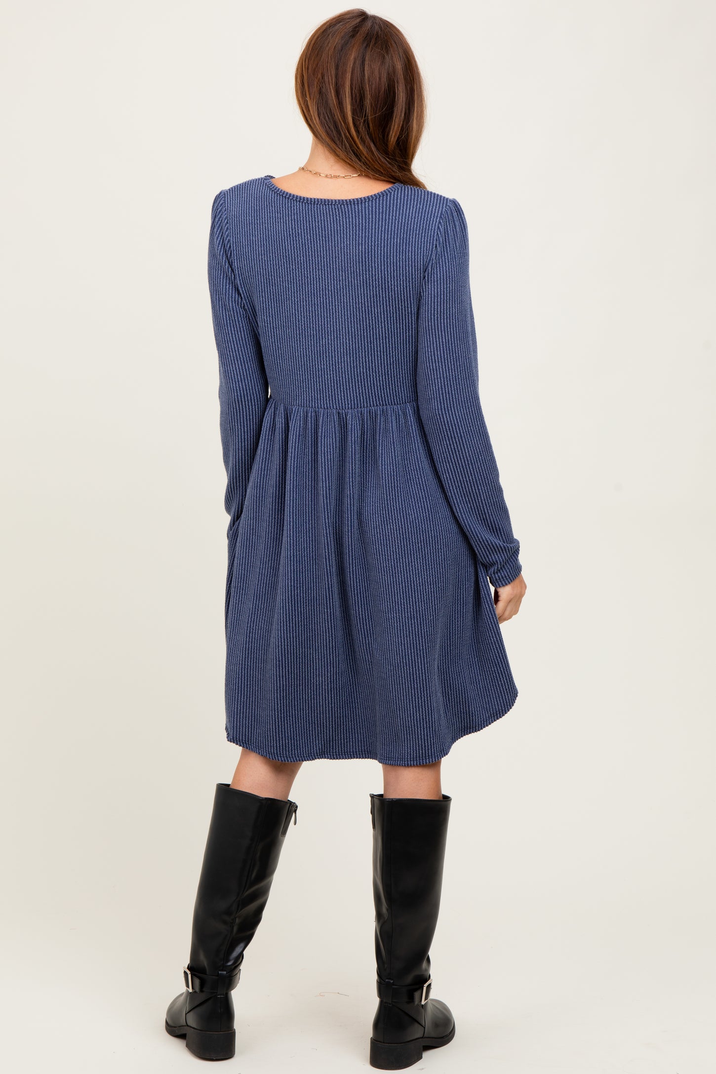 Navy Textured Rib Long Sleeve Dress