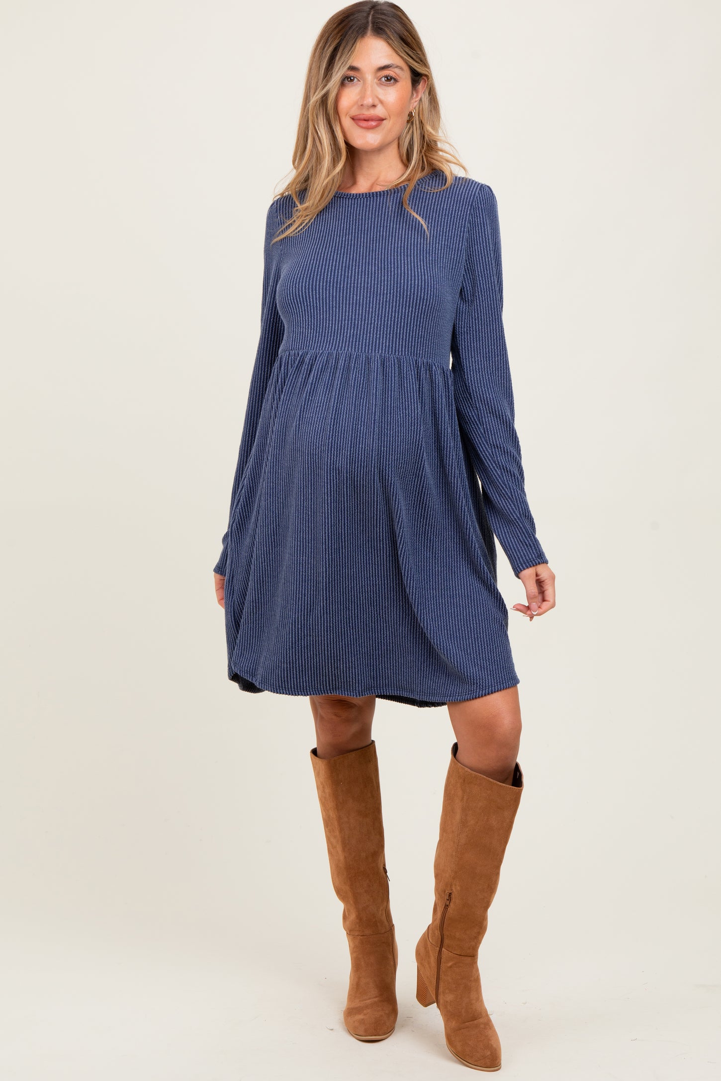 Navy Textured Rib Long Sleeve Maternity Dress