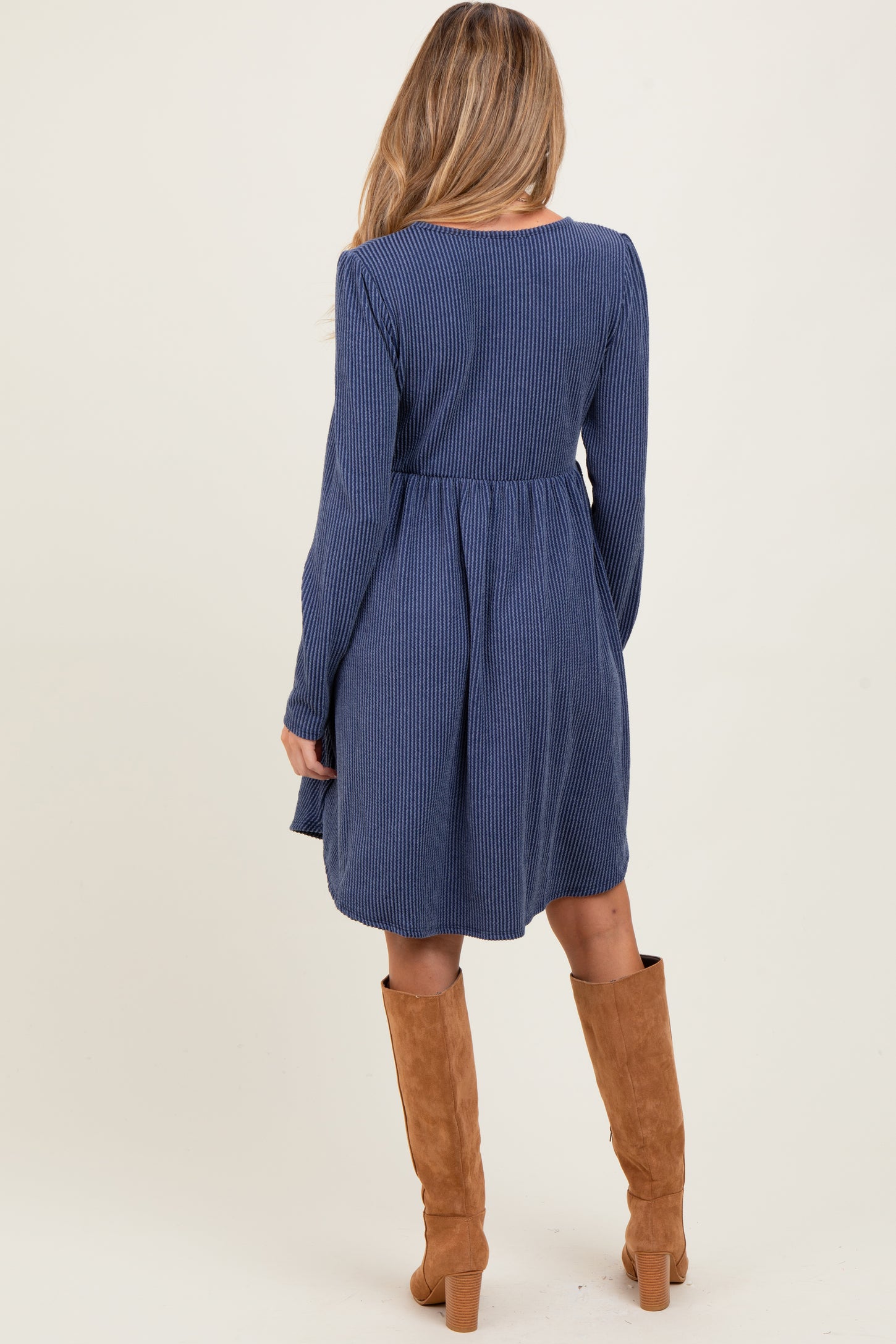 Navy Textured Rib Long Sleeve Maternity Dress