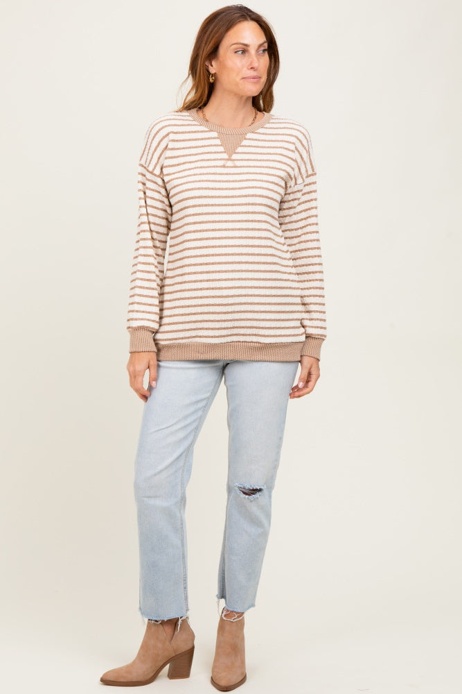 Mocha Contrast Rib Long Sleeve Pullover Top