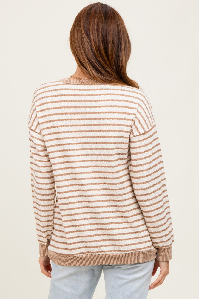 Mocha Contrast Rib Long Sleeve Pullover Top