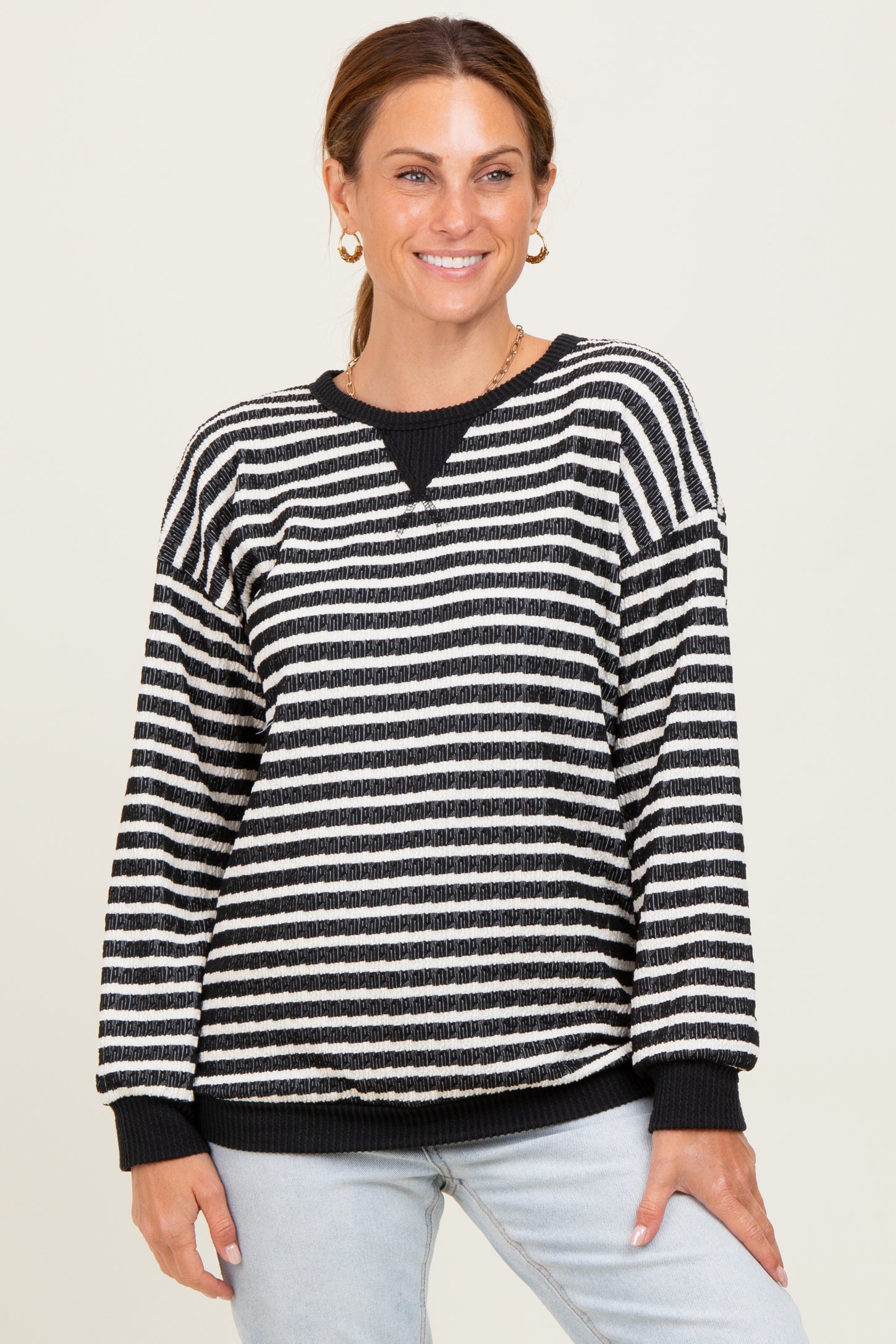Black Contrast Rib Long Sleeve Pullover Top