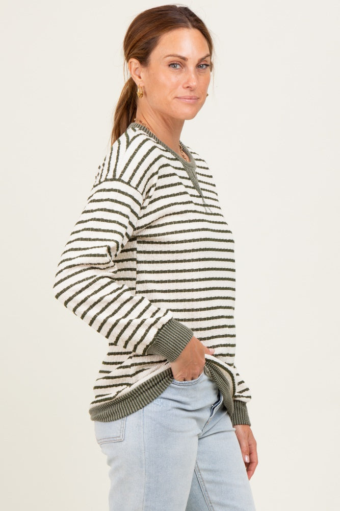 Olive Contrast Rib Long Sleeve Pullover Top