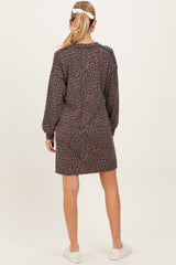 Brown Animal Print Ribbed Long Sleeve Maternity Dress