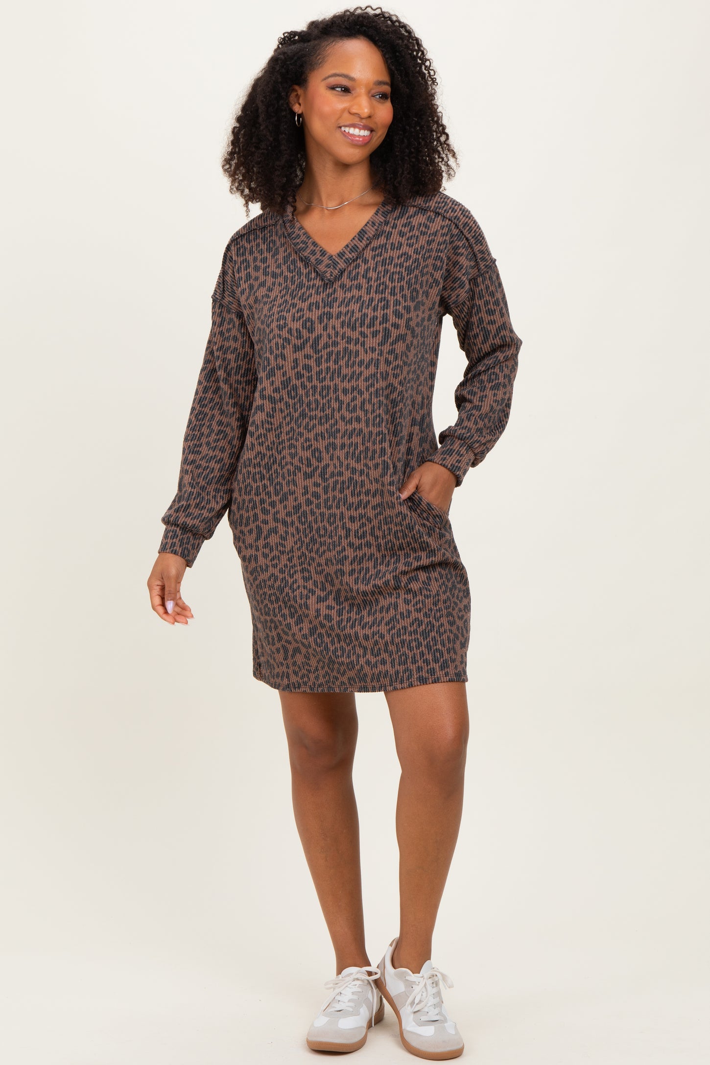 Brown Animal Print Ribbed Long Sleeve Dress