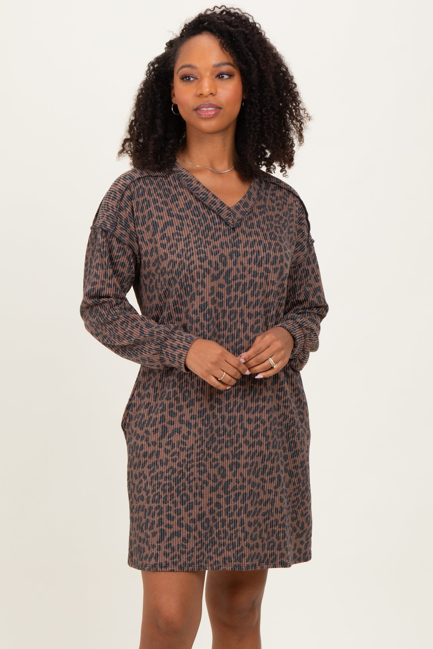 Brown Animal Print Ribbed Long Sleeve Dress
