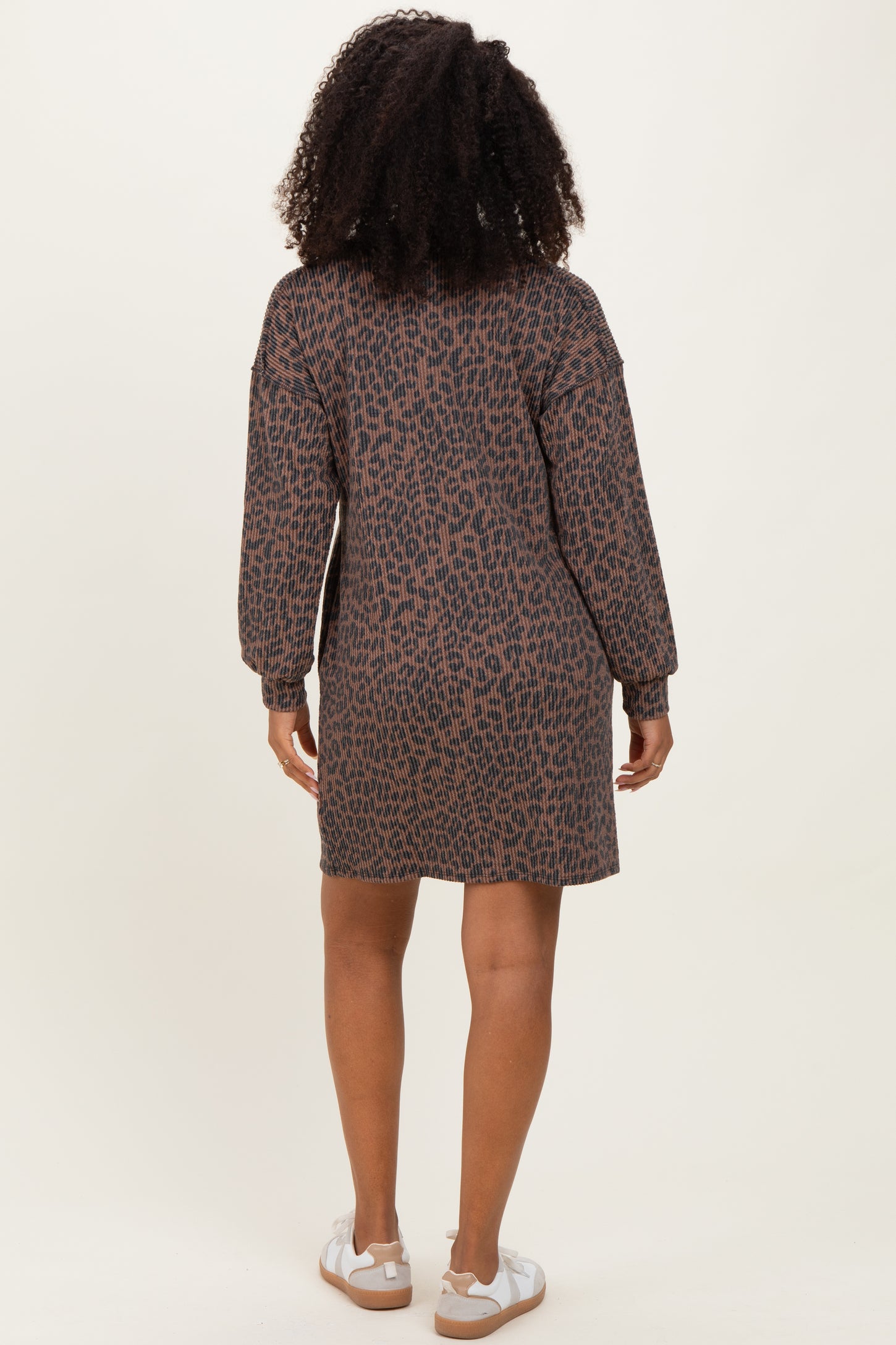 Brown Animal Print Ribbed Long Sleeve Dress