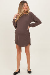 Brown Rib Knit Long Sleeve Maternity Dress