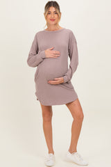 Taupe Rib Knit Long Sleeve Maternity Dress