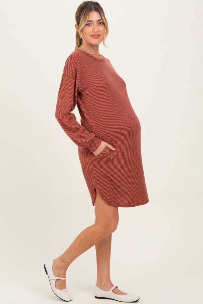 Rust Rib Knit Long Sleeve Maternity Dress