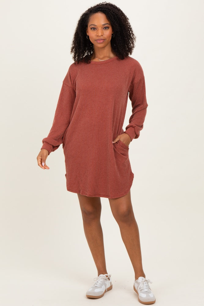 Rust Rib Knit Long Sleeve Maternity Dress